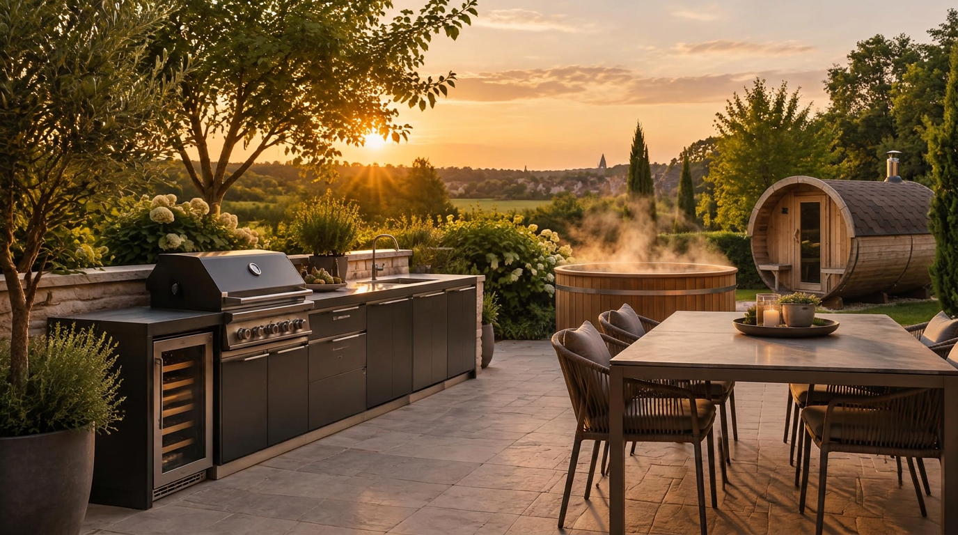Outdoorküche auf einer Terrasse im Abendlicht