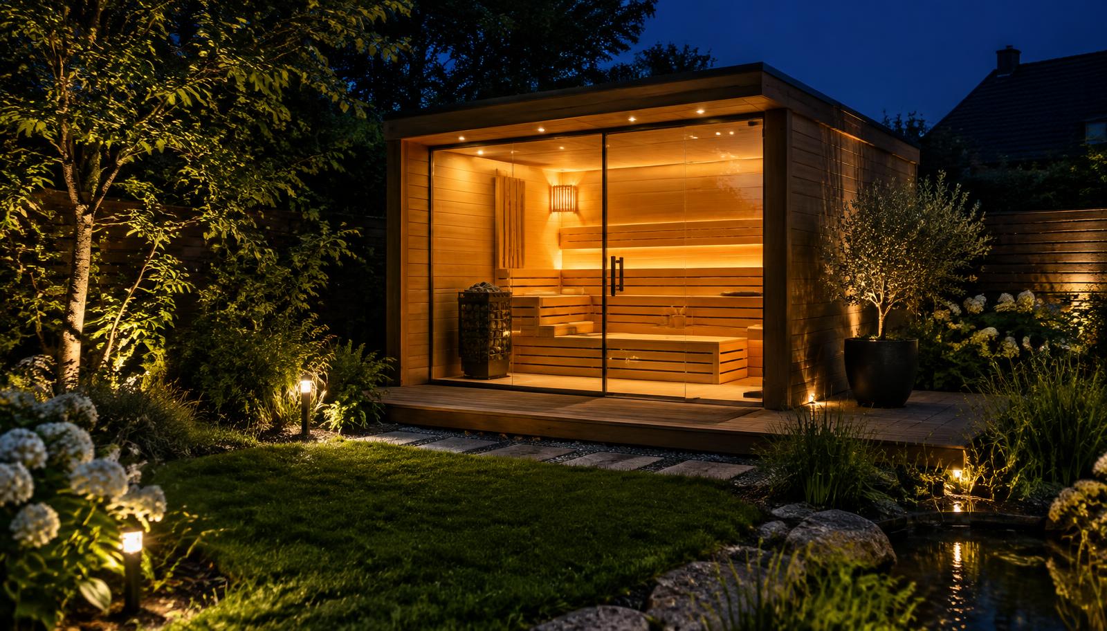 Gartensauna aus Holz bei Nacht
